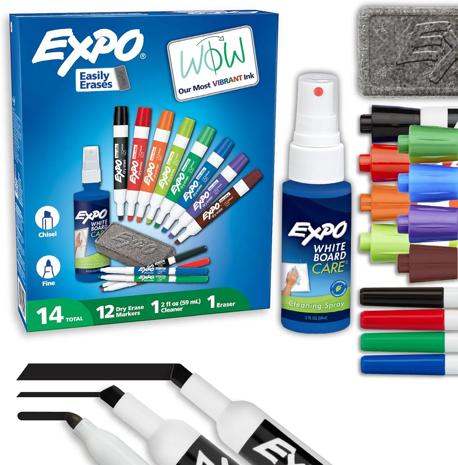 EXPO Dry Erase Markers Kit, Fine and Chisel Tip Markers, Assorted Colors, Eraser, Spray Cleaner, 14 Count