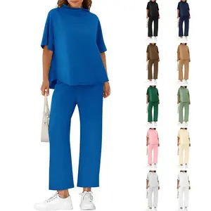 PLNOTME Women's Lounge Set 3/4 Batwing Sleeve Capelet Crew Neck Pullover Top Wide Leg Pants Two Piece Outfits Chic Solid