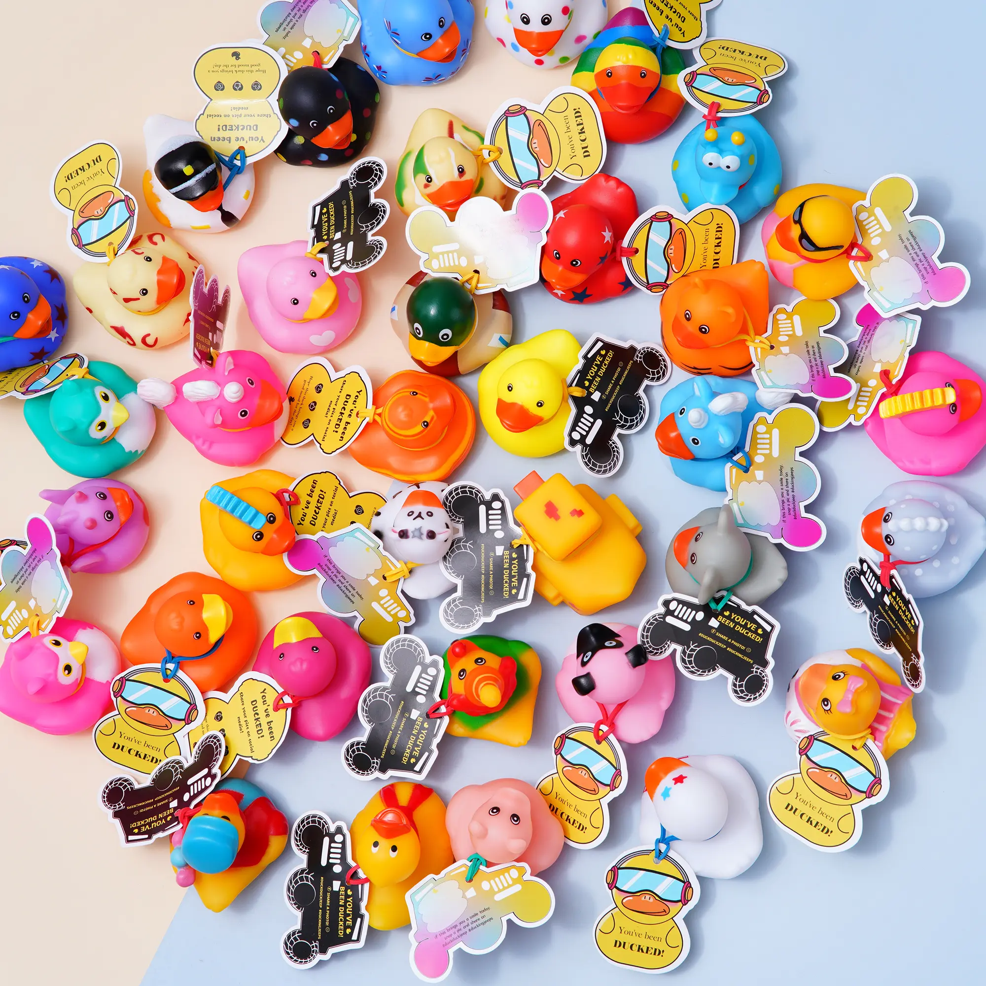 36 Pack Assorted Cruise Rubber Ducks Kit with 36 Writeable Message Tags & Elastic Straps, Bulk Soft Floating Bath Ducks for Cruise Hide & Seek Game, Cute Mini Rubber Duckies Party Favors Valentine Kids Holiday Gift