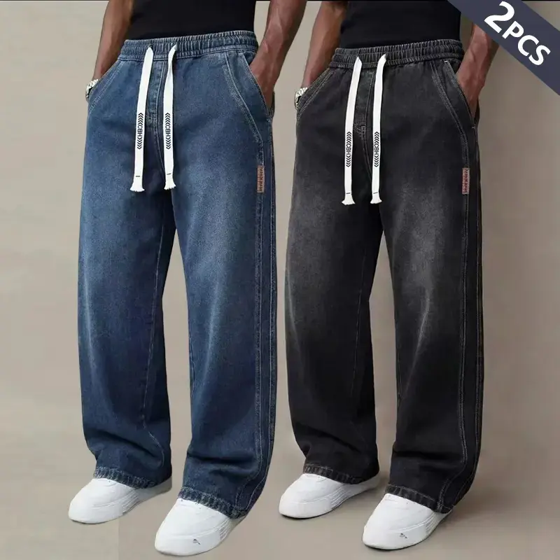 2pcs Men’s vintage washed denim jeans set, casual long pants with a drawstring waist and elastic waistband; loose straight-leg fit suitable for everyday wear and commuting; fashionable jeans for various occasions; minimalist m