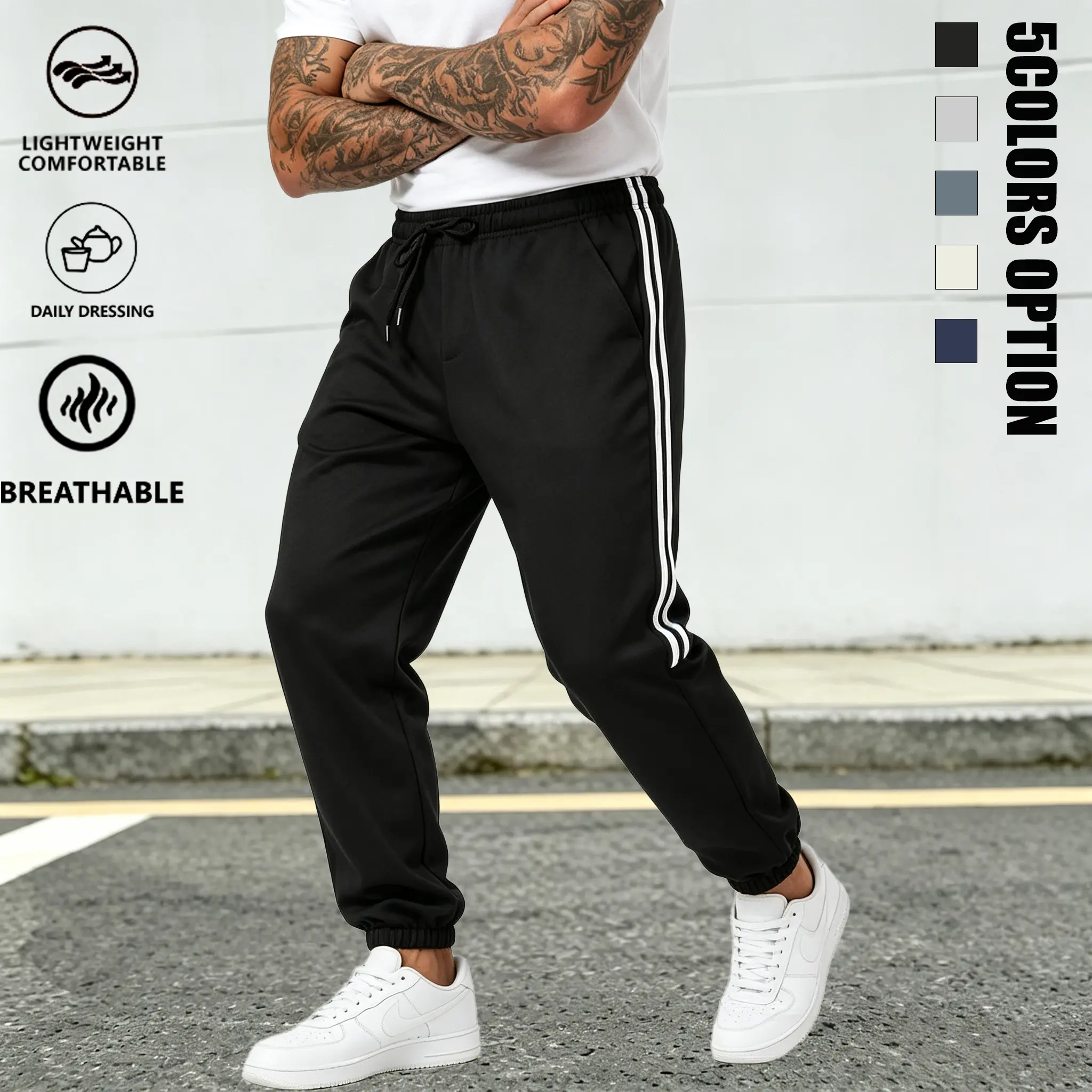 Men's Side Stripe Ice Silk Athletic Joggers, Lightweight Drawstring Pants for Running and Casual Wear, Sizes S-L, Track Pants, Sporty Chic