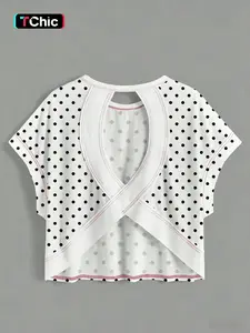 1 Women's Polka Dot Cropped T-Shirt | Back Cut Out Batwing Sleeve Top | Summer Beach Casual Streetwear | Y2K Coquette Daily Casual Outfit