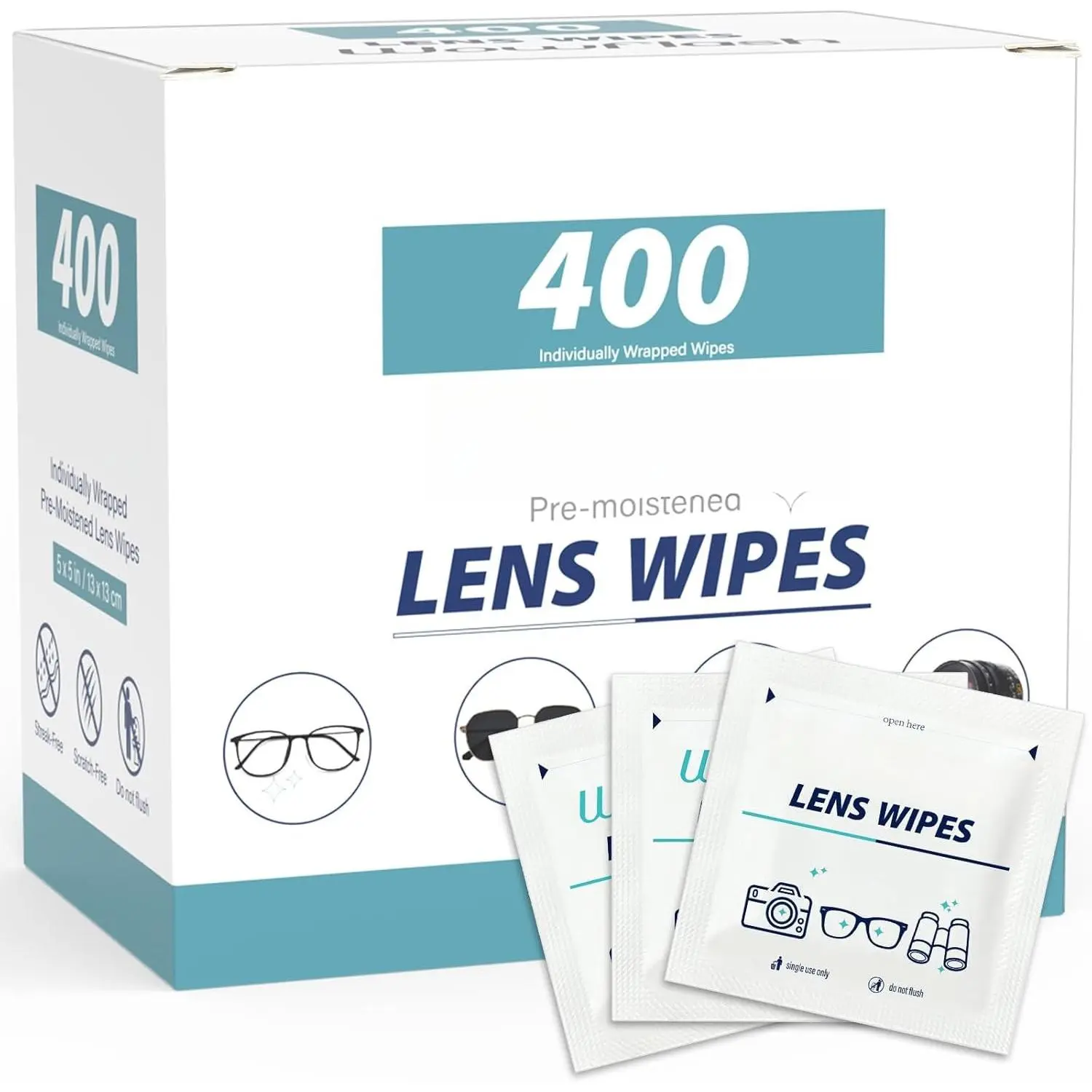 400 Count Lens Wipes for Eyeglasses, Eyeglass Lens Cleaning Wipes Pre-moistened Individually Wrapped Sracth-Free Streak-Free Eye Glasses Cleaner Wipes for Sunglass, Camera Lens, Goggles