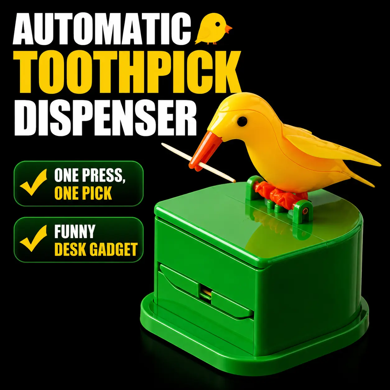 Cute Bird Toothpick Dispenser｜One Press Hygienic Toothpick Holder for Kitchen & Desk