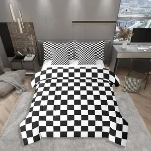 7 Pieces Black and White Plaid Comforter Set,Reversible Geometric Square Grid Bedding Set,Kids Boys Room Decor,Lattice Checkerd Bed in A Bag with Comforter,Sheets and Pillowcases