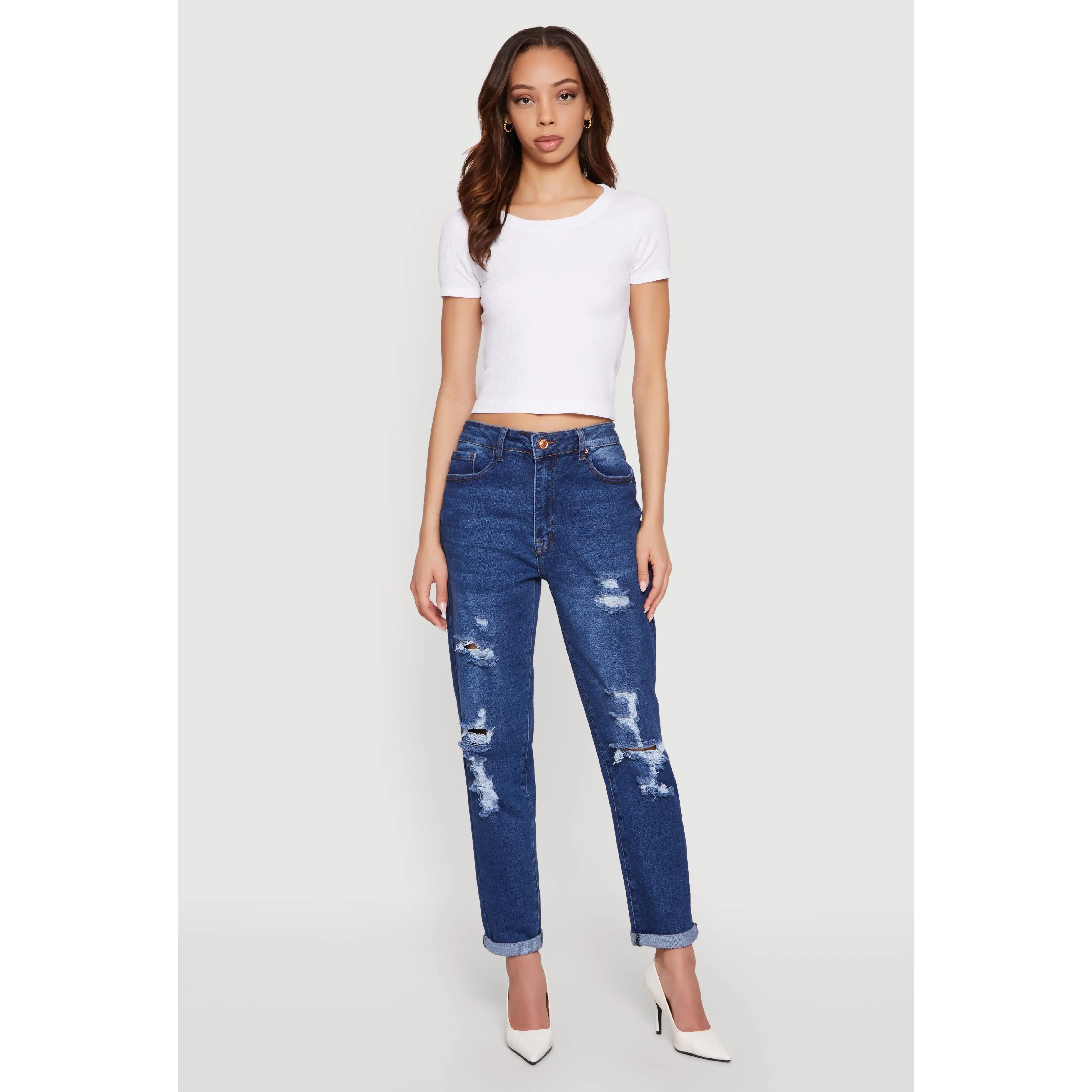 Distressed Straight Leg Roll Cuff Jeans