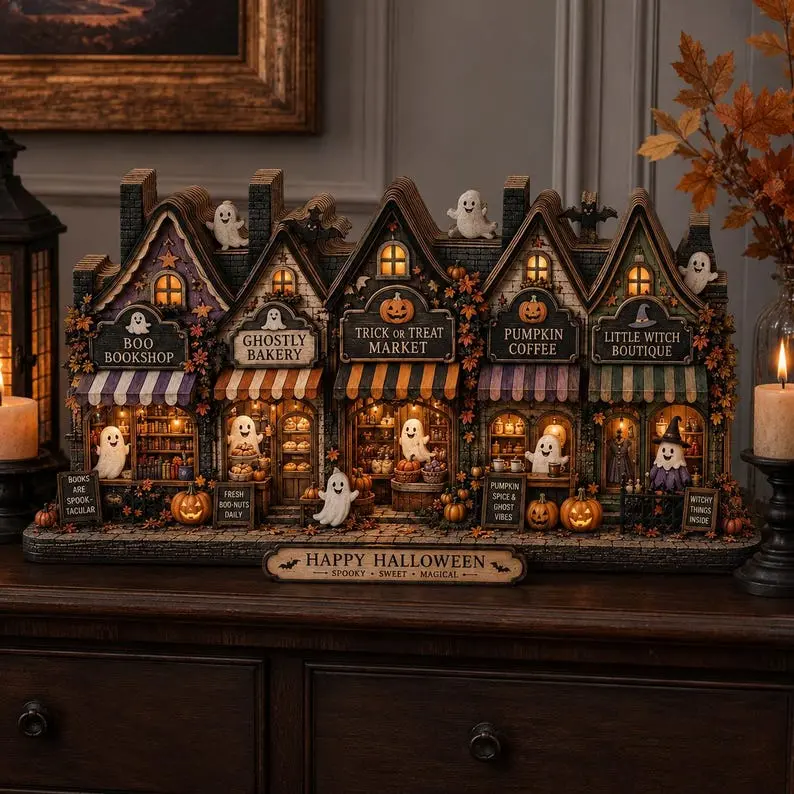 Happy Halloween Village Wooden Block, 2 Layer Ghost Shop Shelf Sitter, Custom Shape Spooky Fall Mantel Decor