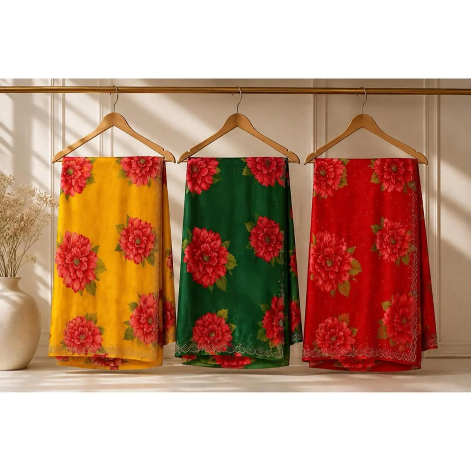 Elegant Floral Saree with Red Flower Prints in Yellow Green & Red Colors for Women