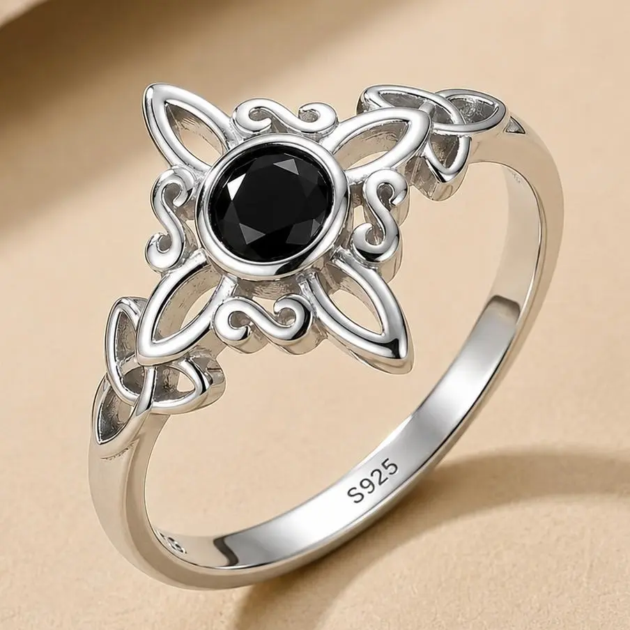 Vintage Floral Witch Knot Ring for Women, 925 Sterling Silver Female Celtic Jewelry with Black CZ, Wiccan Protection Amulet for Anniversary, Wedding Rings, Adults, Birthday, Black Synthetic Zirconia, Daily, White Gold