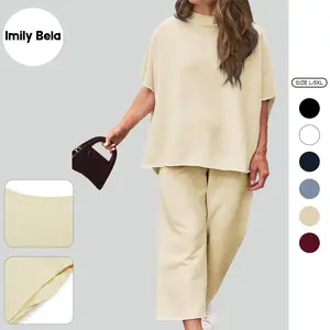 Imily Bela 【L-5XL】Women's Plus Size 2 Piece Outfits 3/4 Batwing Sleeve Capelet Crew Neck Pullover Top Wide Leg Pants Lounge Set