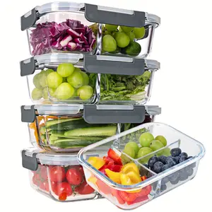Glass Meal Preparation Container, 5-Pack 3 One Compartment Meal Preparation Container with Lid Glass, 35 Oz Meal Preparation Container Reusable, Bento Box Adult Lunch Box, for Refrigerator and Oven, Gray