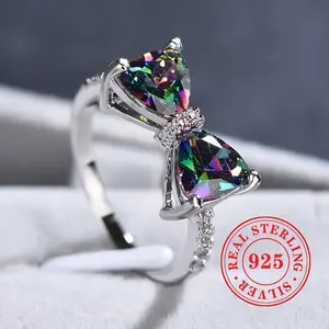 S925 Sterling Silver Synthetic Colored Gemstone Bow Ring for Women, Perfect for Everyday Casual Fashion and Unique Jewelry.