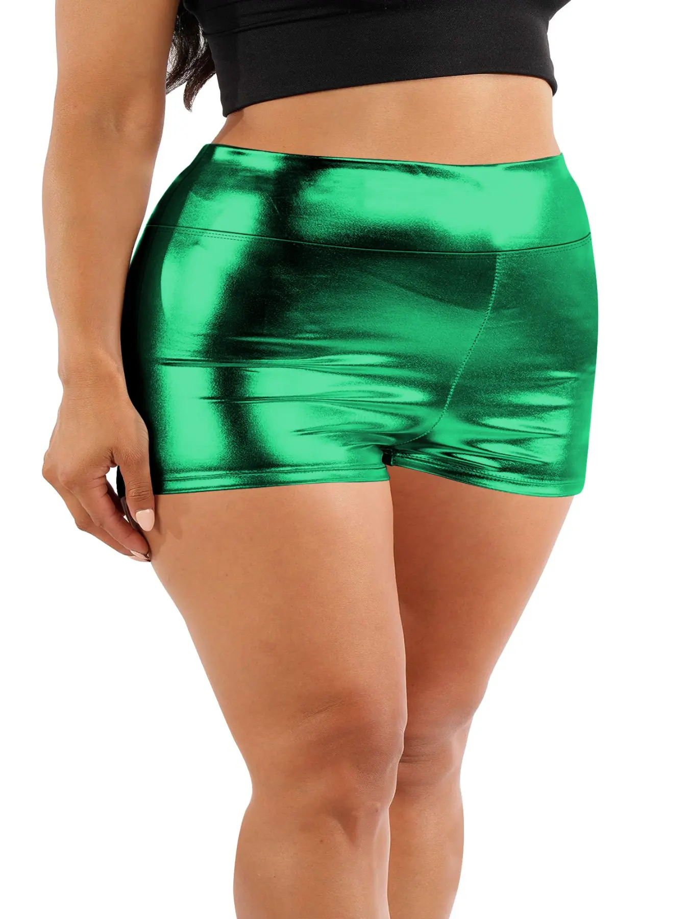 Plus Size Women's Shiny Metallic Tight Shorts, High Waist Elastic Metal Finish, Party Music Festival, Versatile Short Pants, Fitted