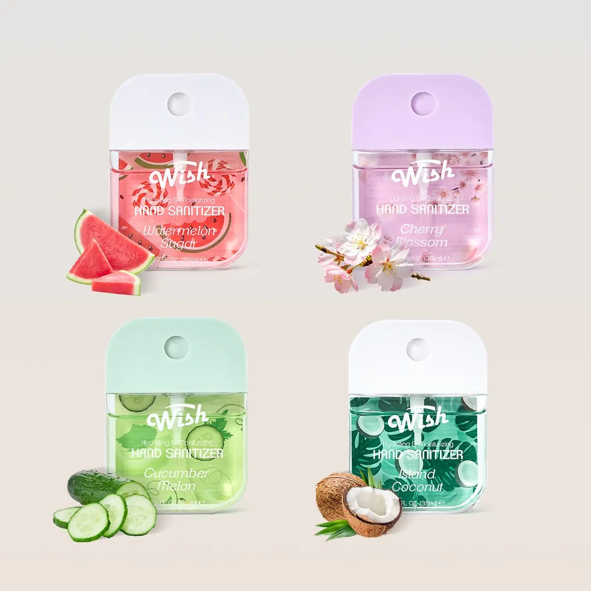【Summer Edition】Wish Refreshing Hand Sanitizer Spray 4-Pack, 1.2 fl oz Each – Watermelon Sugar, Cherry Blossom, Island Coconut & Cucumber Melon