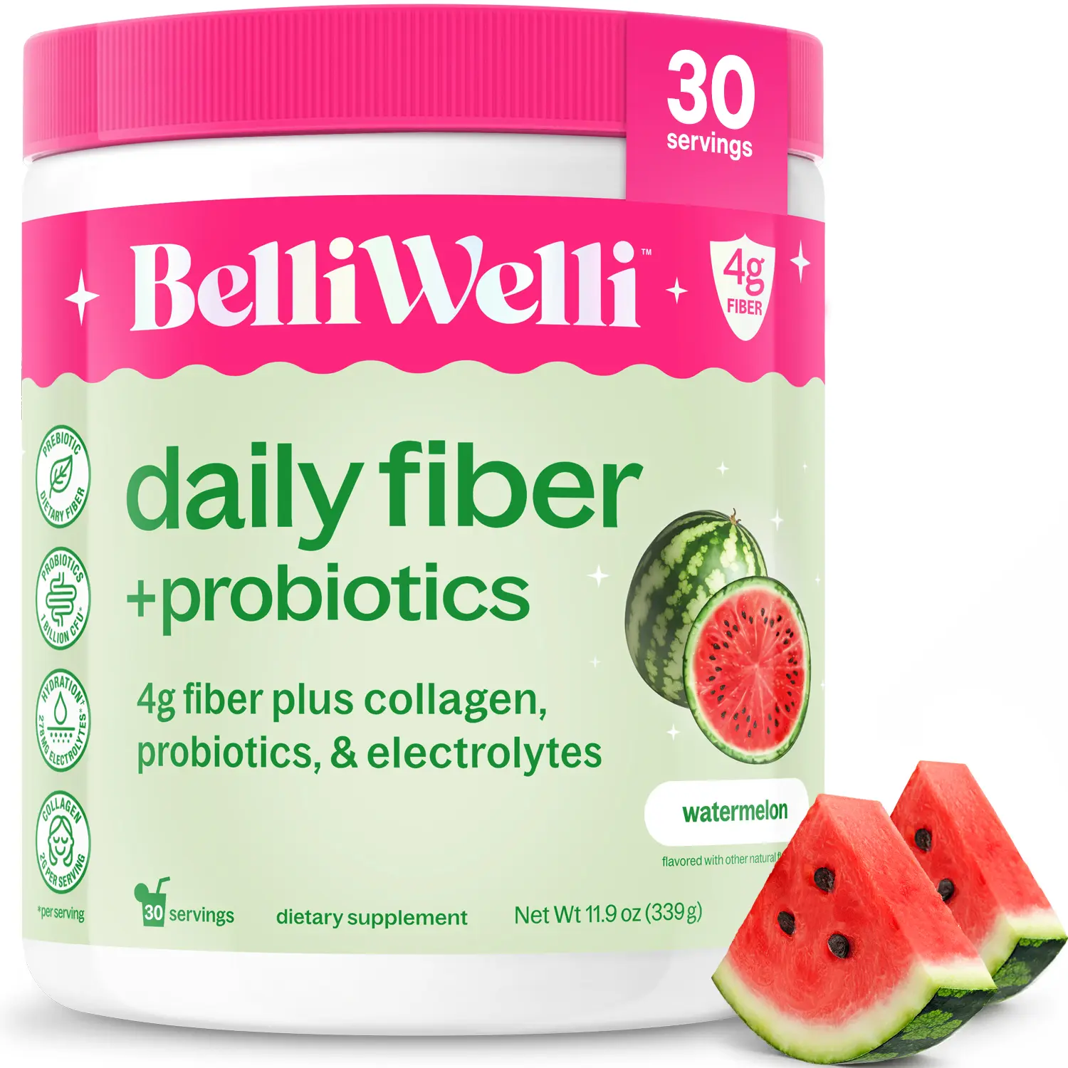BelliWelli Daily Fiber + Probiotics + Collagen - Watermelon Health Fitness