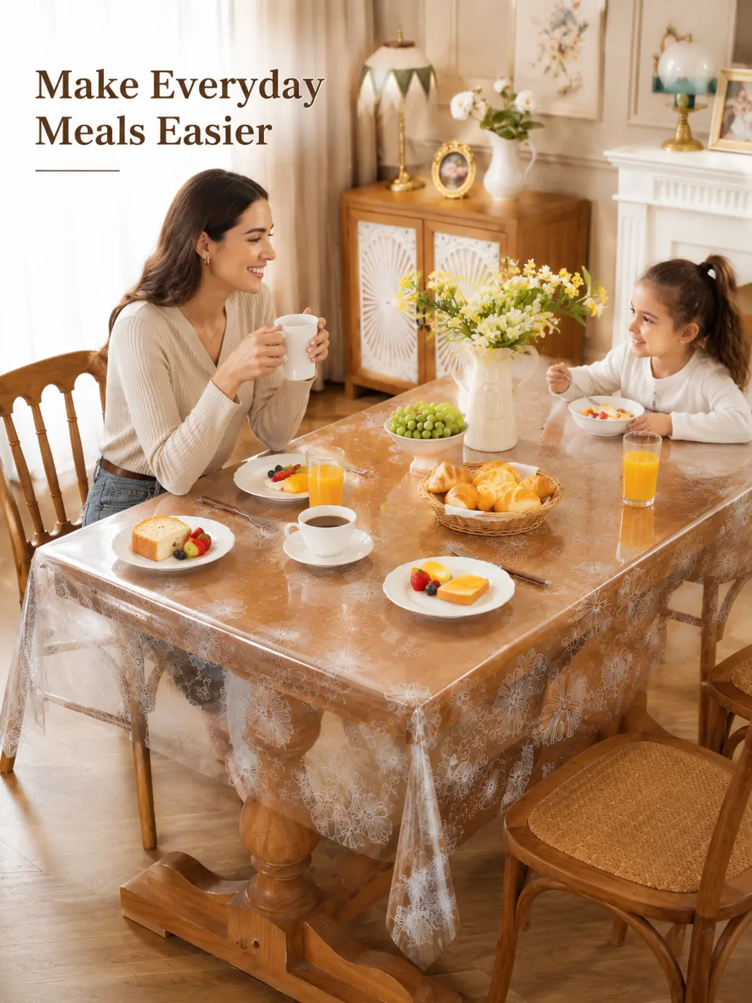 Waterproof Clear Vinyl Tablecloth, Floral PVC Table Protector, Wipeable Plastic Table Cover for Dining Table, Kitchen, Brunch, Party & Everyday Use