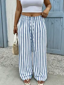 Women's Casual Light Blue Striped Wide Leg Pants | Elastic Waist Adjustable Drawstring Trousers | Soft Loungewear & Daily Wear for Home, Work, Travel