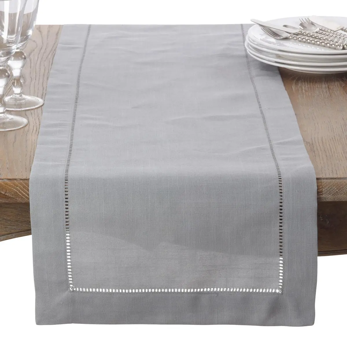 SARO 1-Piece Rectangular Table Runner, 16x72 in. Classic Hemstitch Border, Grey Home Kitchen Linen