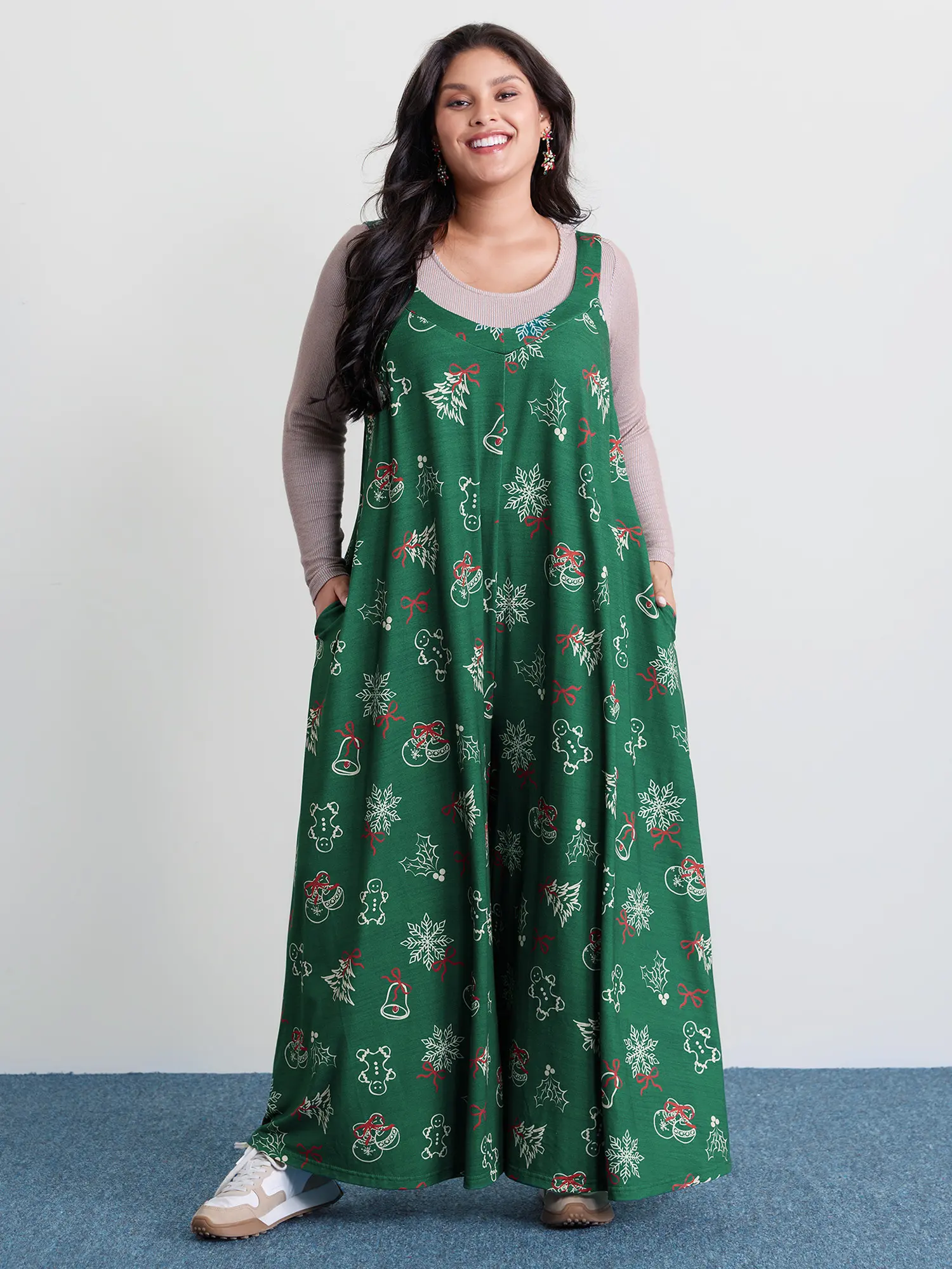 BLOOMCHIC Plus Size Women's Tree Gingerbread Print Knit Overalls - Short-Sleeve Spandex-Blend Garment,Casual Jumpsuits,Truegreen Fabric,Armless Alternative,With Pocket,[M-6X] 2026 Summer Fit Womenswear Deals,Summerfinds