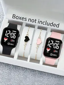 Fashion Digital Watch & Heart Charm Bracelet Set, Casual Watch Set for Women & Men, Trendy All-match & Exquisite Watch Set for Birthday Gift, Digital Quartz Watch
