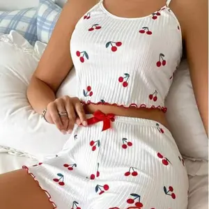 2026 New Arrival Women’s Cherry Heart Print Pajama Set – Spaghetti Strap Ruffled Hem Short Loungewear, 95% Polyester 5% Spandex