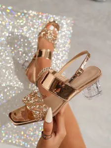 Summer New Rhinestone Chunky Heel Sandals for Women, Elegant Fashionable Sandals, Fashion One Strap Toe-Open Anklet High Heels, Cross-Border Large Size Elegant Party Shoes, Party Footwear