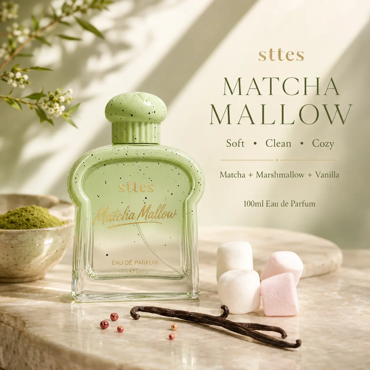 sttes Matcha Mallow Eau de Parfum for Women, Sweet Green Tea Gourmand Perfume with Matcha, Marshmallow, Vanilla & Musk, Long Lasting Fragrance Spray, 100ml/3.4 fl oz