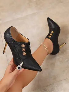Women's Winter New Pointed Toe Ultra High Heels, Metal Buckle Decor Thin Heel Deep Mouth Single Shoes, Plaid Fashion Sexy Boots