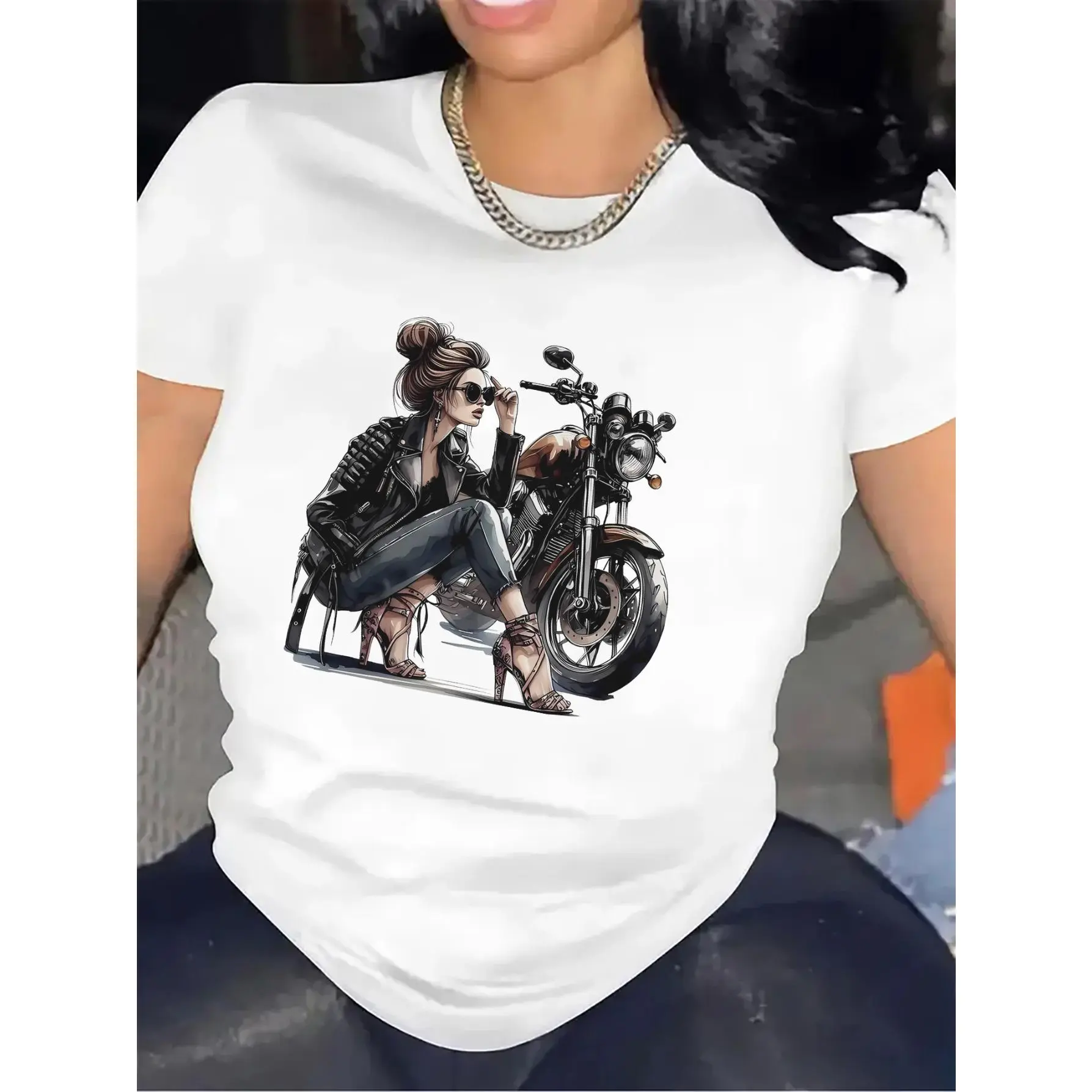 Women'S Motorcycle Graphic Tee - Stylish Black Short Sleeve T-Shirt with Vintage Biker Design, Casual Round Neck Top for Biker Lovers, Motorcycle Enthusiast Gear | Vintage Biker Shirt | Polyester Blend