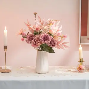 Dusty Pink Artificial Flowers in Ceramic Vase Home Decor - Fake Roses Faux Dahlias Bouquet Kitchen Dining Room Wedding Decoration arrangement