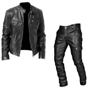 Cool clothes Fall Winter Men Suit Leather Clothes Leather Pants Two-Piece PU Leather Casual Suit Medieval Clothes