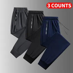 Men's 3-pack solid color drawstring athletic jogger pants, breathable and cool fabric, lightweight workout pants suitable for gym workouts, with zipper pockets