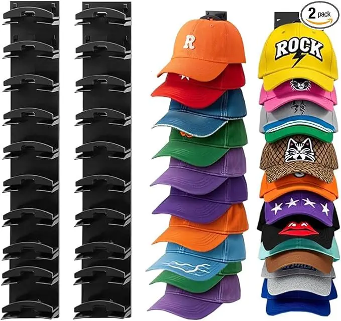 2 Pack ABS Plastic Baseball Cap Organizer Storage - Wall Mounted with Strong Adhesive, Multilayer Shelves Holds 20 Hats, Closet Organization Rack for Easy Access, Room Accessories for Home Essentials Enthusiasts, Peg Board Compatible