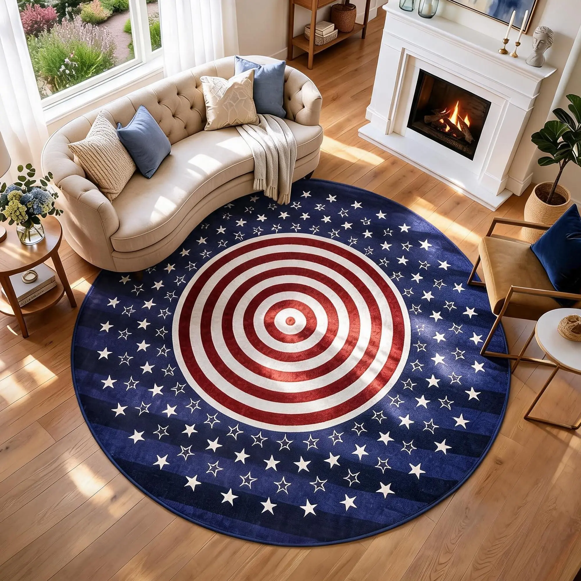 GAOMON 6ft Round American Flag Area Rug, Machine Washable USA Patriotic Carpet, Non-Slip Circular Floor Mat for Living Room, Bedroom, Dining Table, Office, Home Decor, Blue Red Bullseye