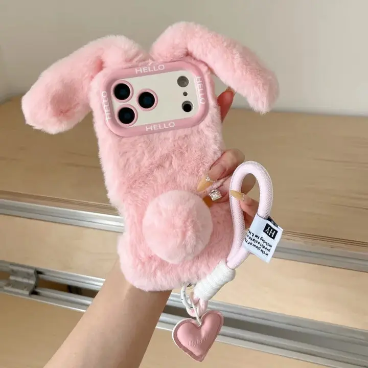 Furry 3D Fluffy Bunny Ears Mobile Phone Case with Lanyard, Cute Accessories for Phone Protection
