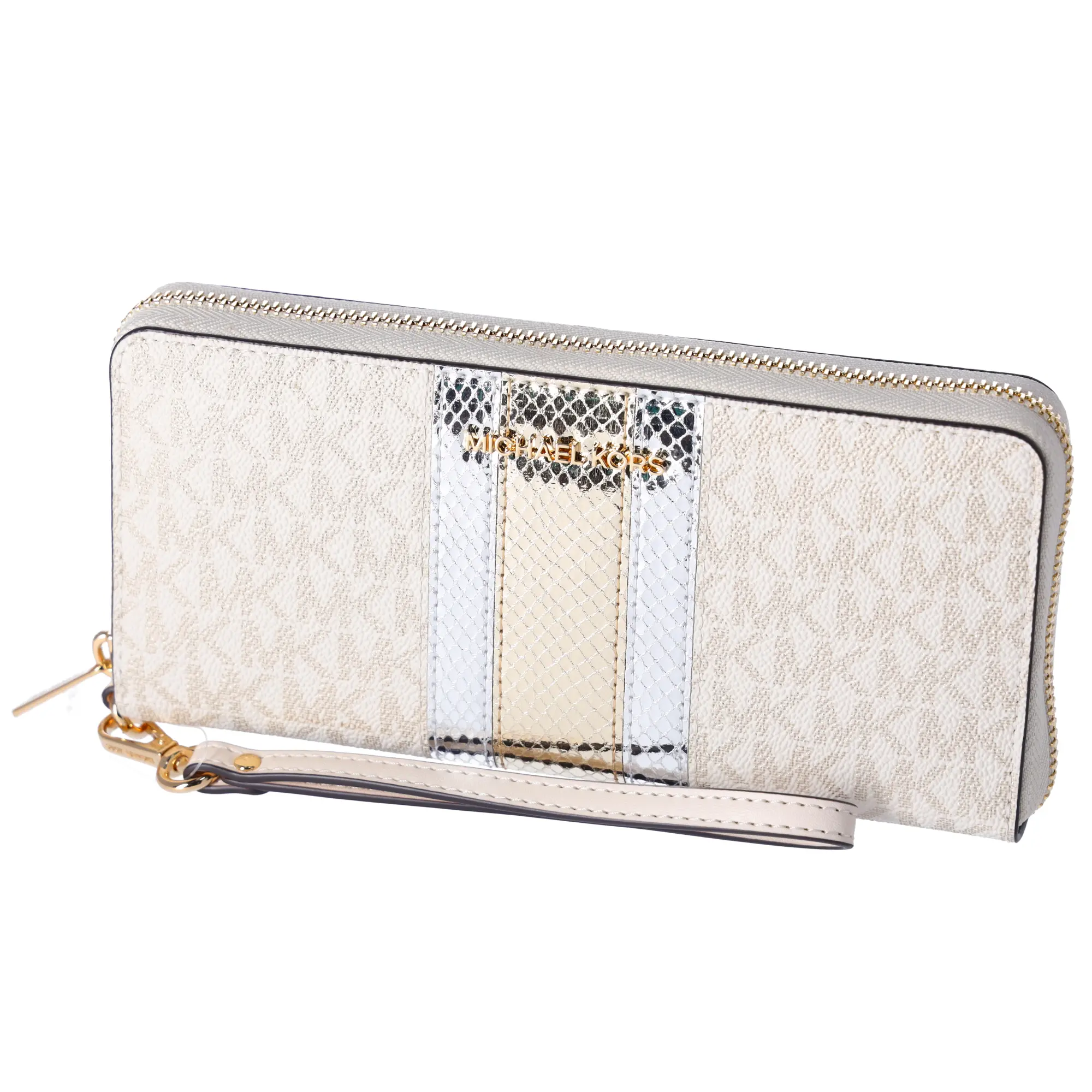 Pre-owned MICHAEL KORS PVC Small Leather Goods Jet Set Large Continental Wristlet Center Stripe MK Pale Gold