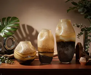 Brown Glass Vase Set - Elegant Glass Vases with Tiger's Eye Design Decorative Artwork in Amber & Obsidian Hues for Modern & Traditional Decor