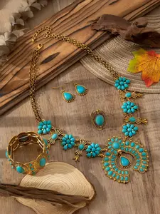 Western Bohemian Turquoise Teardrop Matching Jewelry Set for Women - 4Pcs Vintage Cowgirl Squash Blossom Necklace, Cuff Bangle, Ring & Dangle Earrings Accessory Kit