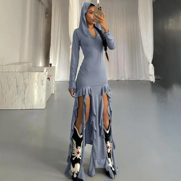 Women's Long Sleeve Pullover Hooded Irregular Dress, Asian-Style Light Polyester Casual Gown