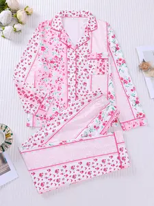 2-piece set in pink floral print, Collared, featuring long sleeves and a long skirt, soft, skin-friendly design includes button closures on top and elastic waistbands. Suitable for all seasons, perfect for casual wear, loungewear