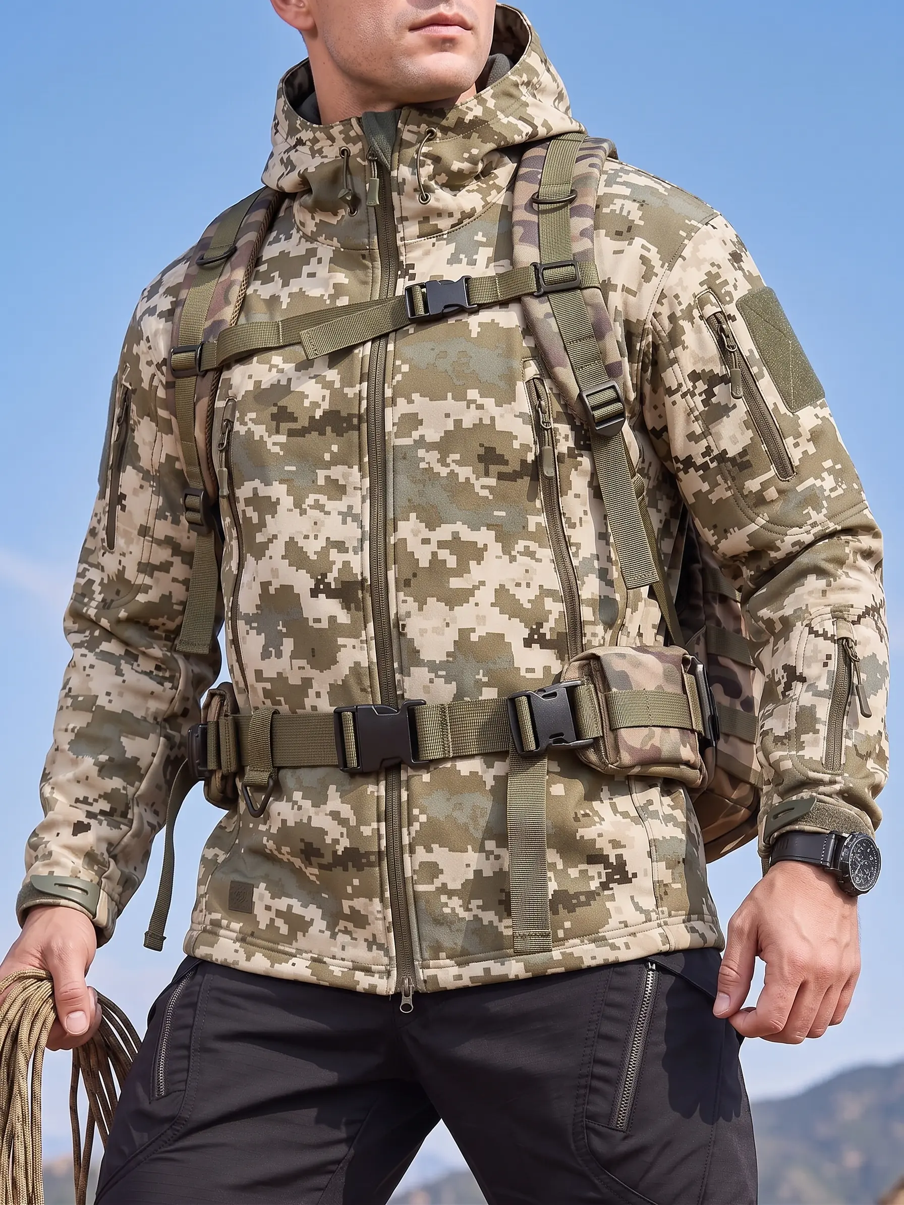 Men’s camouflage tactical softshell hooded jacket with full zipper, windproof and waterproof, multi-pocket outerwear suitable for outdoor hiking, camping, hunting, fishing, and mountaineering travel.