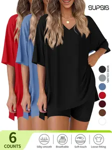 V Neck 2 Piece Sets for Women Summer Lounge Short Set Spring Matching Biker Shorts Oversized Shirt Clothing Perfect for Daily Wear