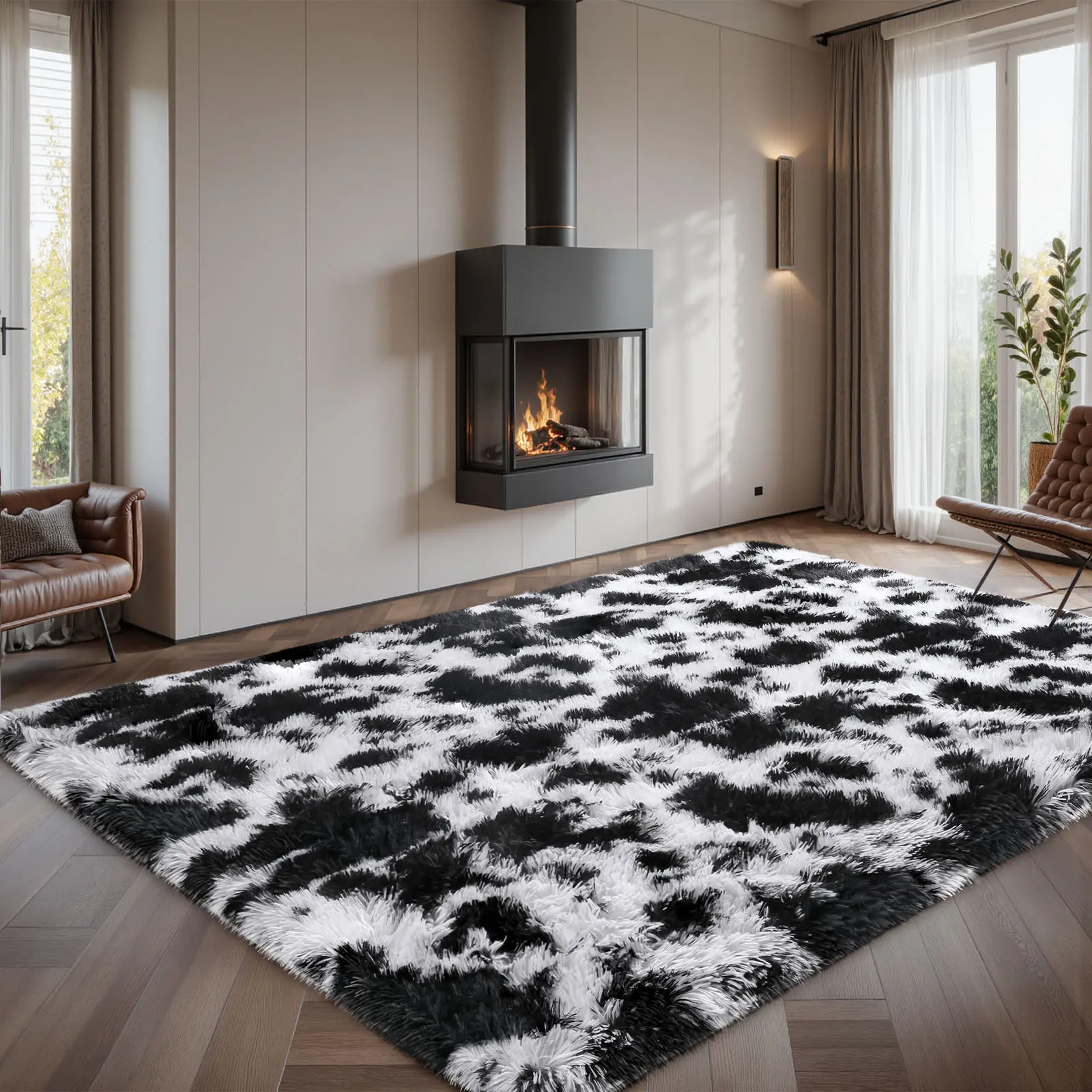 Large Chenille Fiber Tufted Shaggy Rug - Non-slip Soft Indoor Home Decorative Rug for Living Room, Bedroom Nursery (Cow Print), Home Decorative Rugs