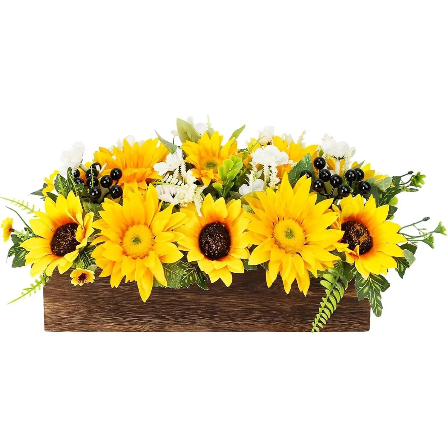 Sunflower Arrangement Centerpiece Table Decorations,Sunflowers Daisy and Berry Green Leaf Floral Artificial Flowers with Wood Tray for Dining Table Coffee Table Farmhouse Room Mantel Décor