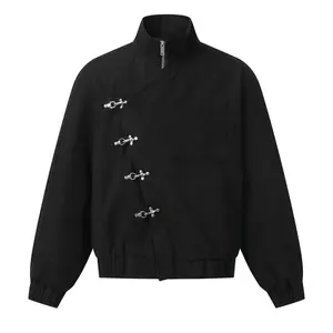 Metal Button Boxy Jacket Black Long Sleeve Stand Collar Slant Placket Unisex Fashion Street Jacket Retro Y2K 100% Cotton Bold Design Comfort Versatile letterman  jacket