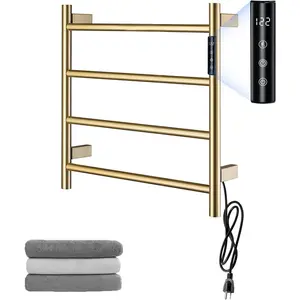 Heated Towel Rack, 4 Bar Wall Mounted Towel Warmer with Timer, Plug in/Hardwired Towel Dryer for Bathroom, Gold