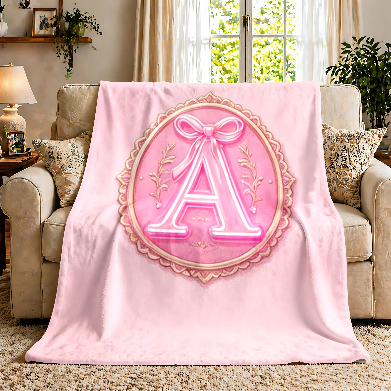 Letter Throw Blanket, 1 Piece Soft Warm Flannel Personalized Monogram Blanket, Gold Laurel Cameo Bow Design, Lightweight Portable Travel Blanket for Car Couch Dorm, Regal Custom Gift for Her Girlfriend, French Decor cozy holiday