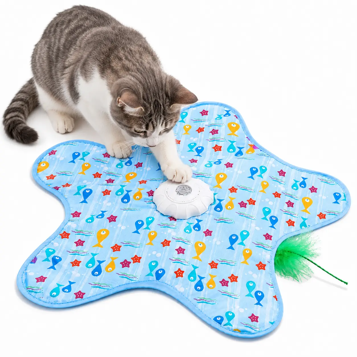 Interactive Cat Toy for Indoor Cats, Automatic Rechargeable Feather Teaser with 3 Modes, Touch Activation, 360° Random Motion & Squeaky Sound, Blue