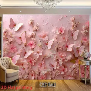 1Pc2d pink floral party banner, made of polyester, decorated with floral butterfly and cherry blossom motifs. Suitable for photography, parties and various events, birthday party decoration, yard decoration, party decoration, weddings, anniversaries
