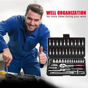 46 PCS Socket Wrench Set, Mechanic Tool Kit Quick-release Ratchet, 1/4" Drive Bit Metric Combination Tools for Auto Repairing & Household with Storage Case